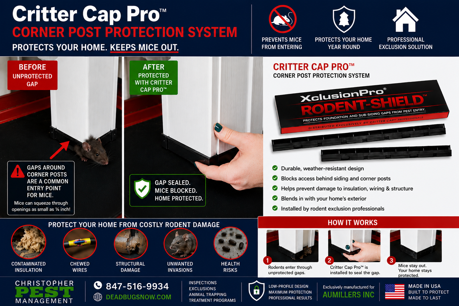 Critter Cap Pro corner post protection system, before and after sealing a corner post gap