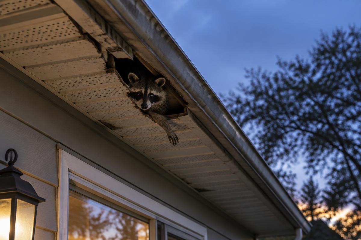 Raccoon entering a damaged roof soffit
